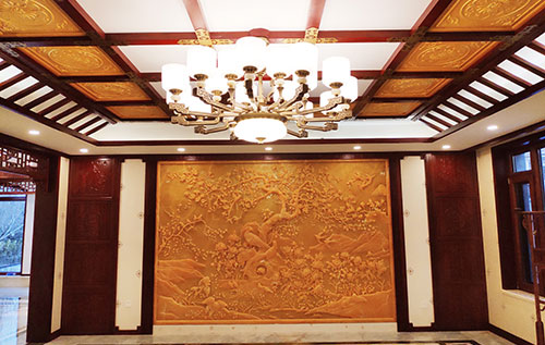 西峰中式别墅客厅中式木作横梁吊顶装饰展示