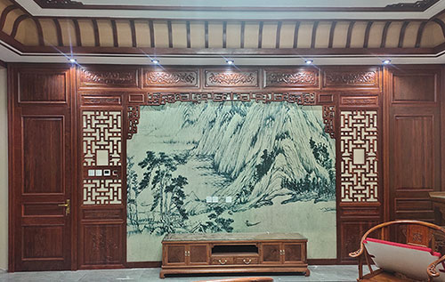 西峰中式仿古别墅客厅背景墙花格木作装饰